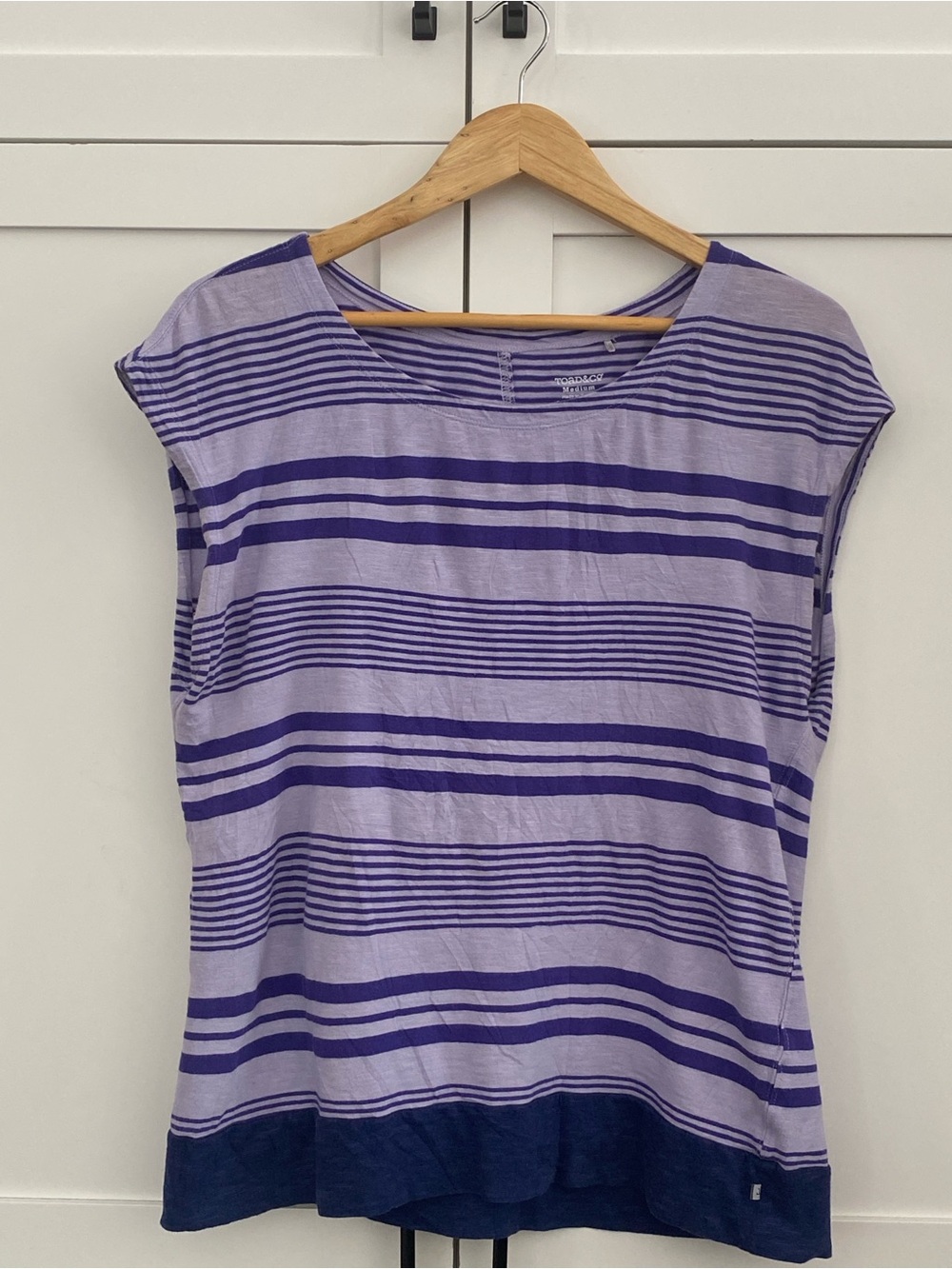 Toad&Co Lavender & Dark Purple Striped Cap Sleeve Tee Organic Cotton Blend Sz M